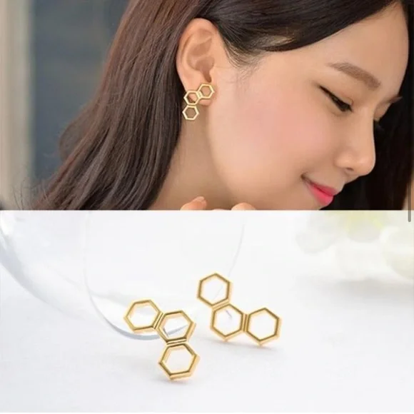 Gold Tone Honeycomb Earrings - Picture 3 of 5